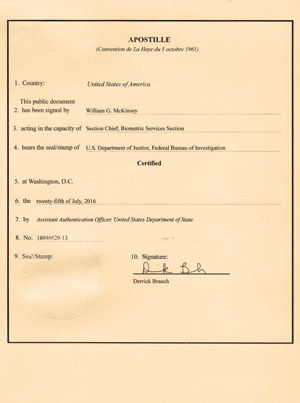 Real federal apostille issued by the U.S. Department of State for an FBI background check