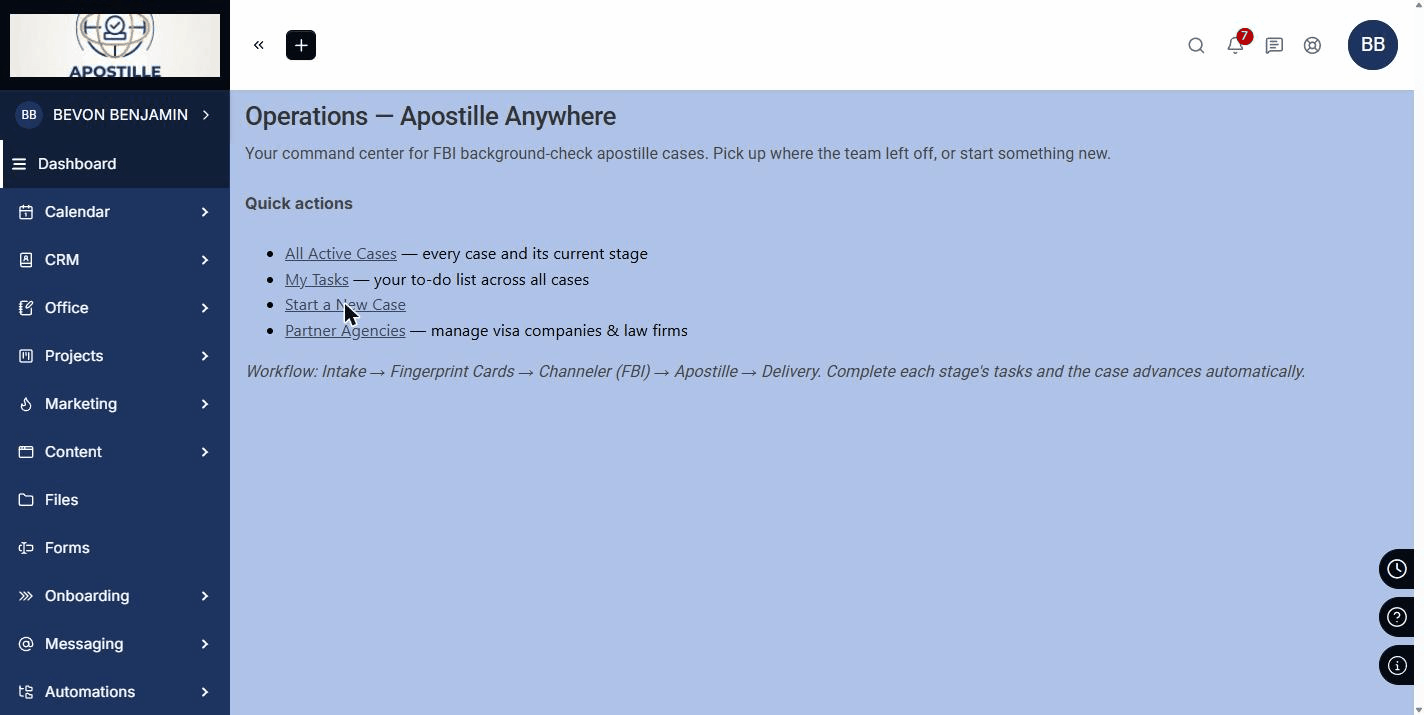 Apostille Anywhere operations portal showing document tracking